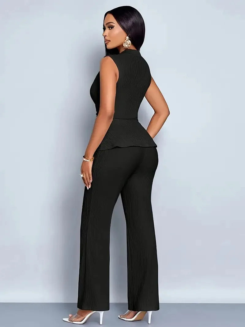 New Spring Summer Women's Trousers Two-piece Elegant Slim V-neck Sleeveless Irregular T-shirt Wide-leg Pants Office 2-piece Set