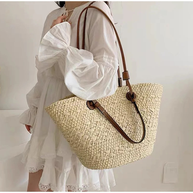 Women's Woven Straw-Style Bucket Tote Bag