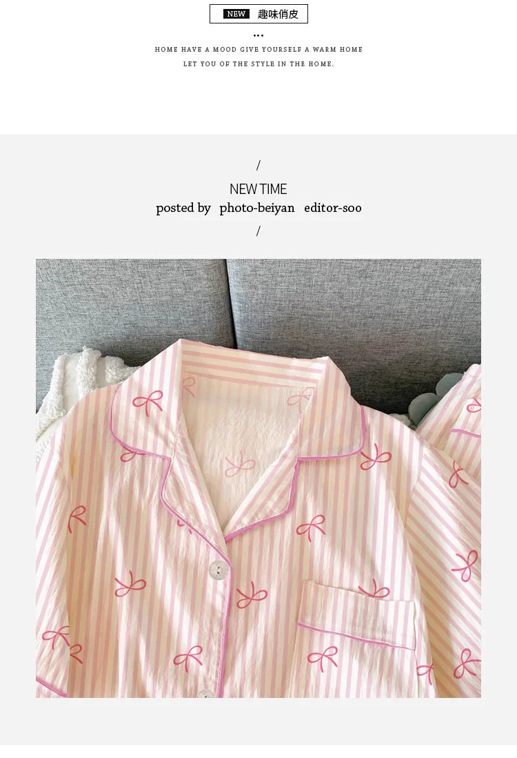 Women Summer Pajamas Three-piece Set Leisure Sleepwear Short Sleeve Lapel Sweet Bowknot Striped Print Homewear Female Loungewear