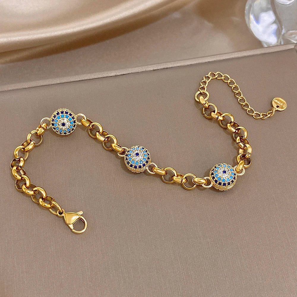 Greatera Blue-eyed Colored Rhinestone Inlaid Ball Bracelet For Women New Style 2026 Trendy Metal Stainless Steel Design Bangles