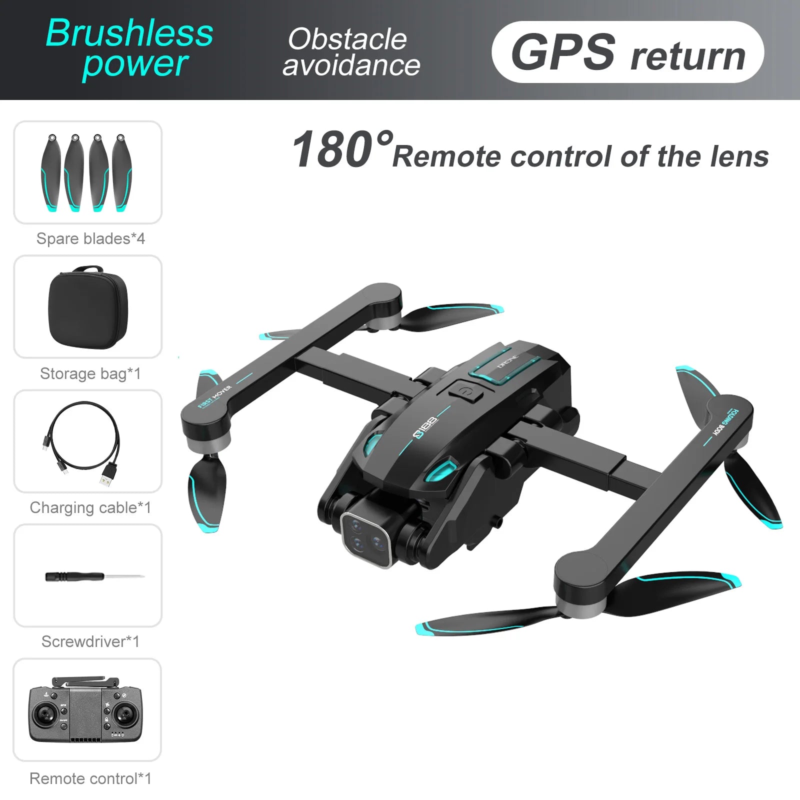 S188 Quadcopter equipped with GPS positioning, low battery and loss of control automatic return, 360° obstacle avoidance.
