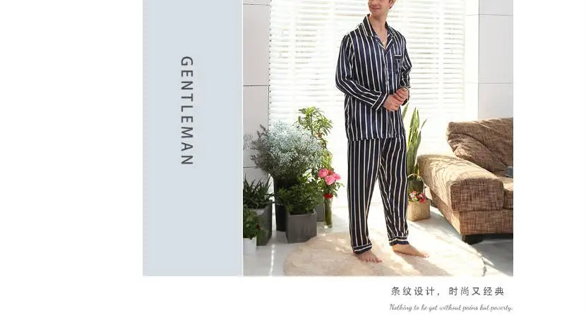 2026Men's Spring Summer Pajamas Sets Long Sleeve Tops&Pants Two-pieces Satin Home Clothes Male Ice Silk Printed Lounge Nightwear