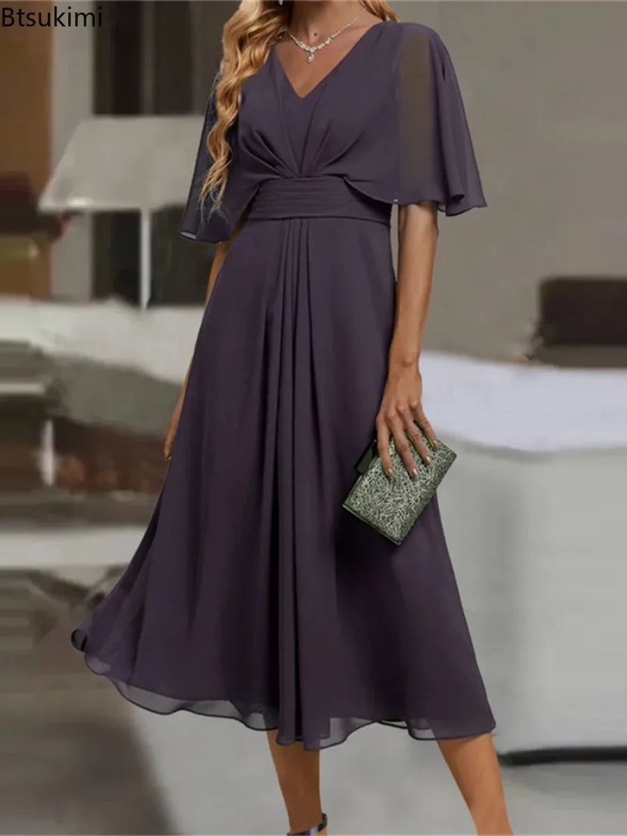 Women's V-Neck Ruffle Chiffon A-Line Maxi Dress