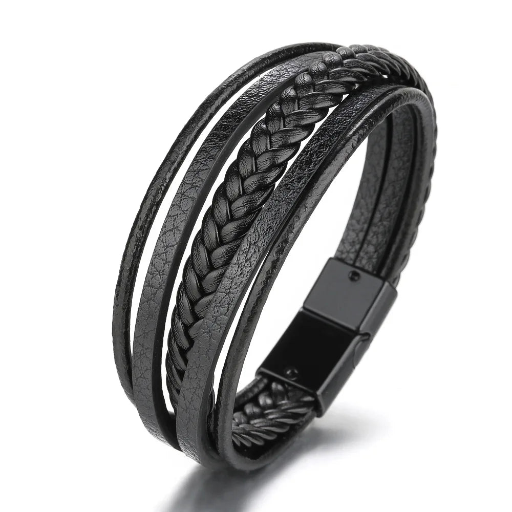 Men's Multilayer Leather & Braided Rope Bracelet – Vintage Aluminium Alloy Bangle | 21cm