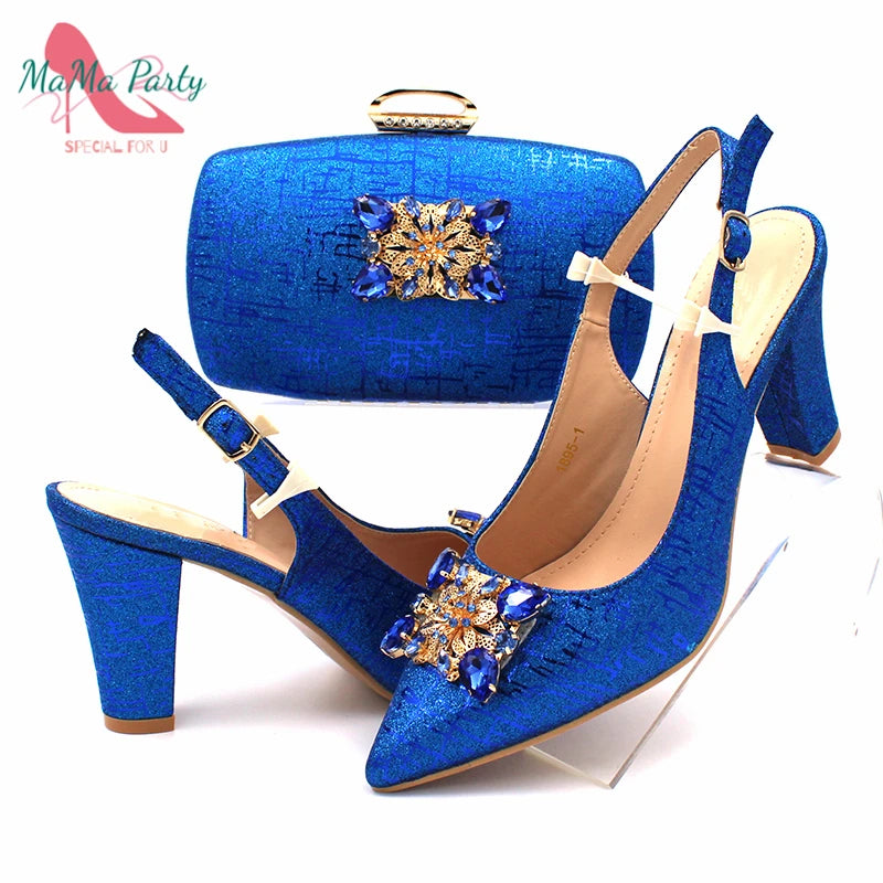 Fuchsia Color Italian Classics Design African Women Shoes and Bag Set High Quality with Shinning Crystal for Wedding Party