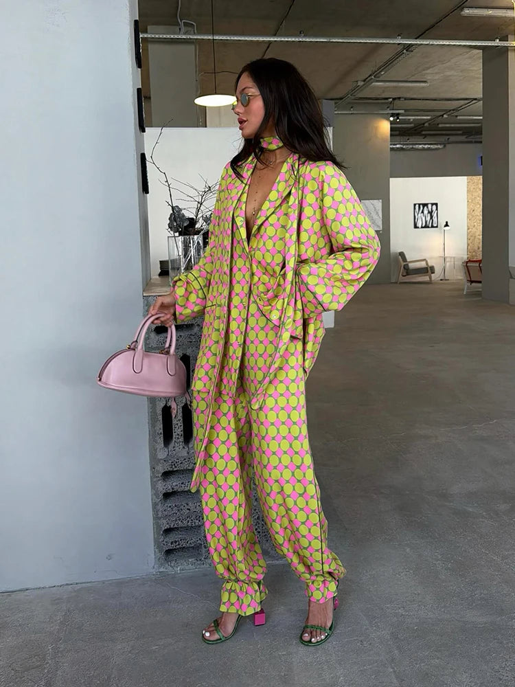 Loose Geometric Print Shirt Pant Sets for Women Ribbon Lapel Full Sleeve Pocket Shirts Wide Leg Trouser Summer Casual Suits