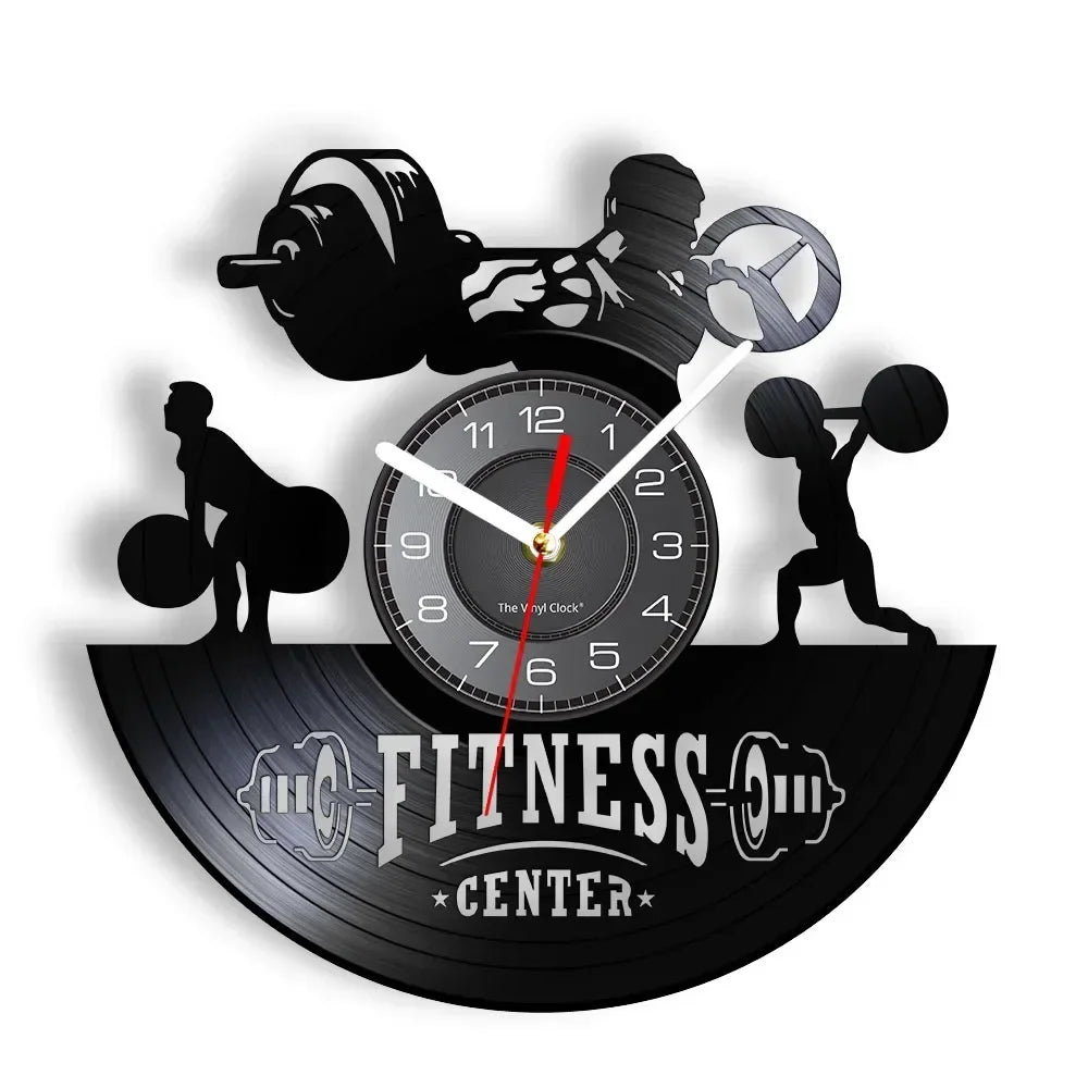 Fitness Theme Vinyl Record Wall Clock – LED Backlight Home Décor | 30cm