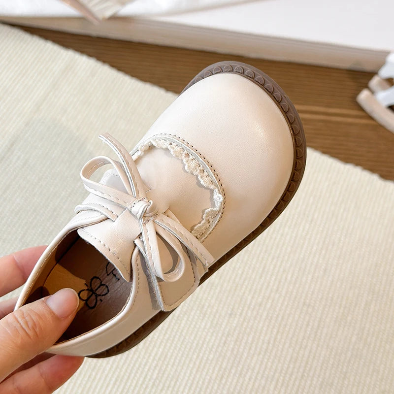 Girls Lace Trim Bow Mary Jane Princess Flat Shoes