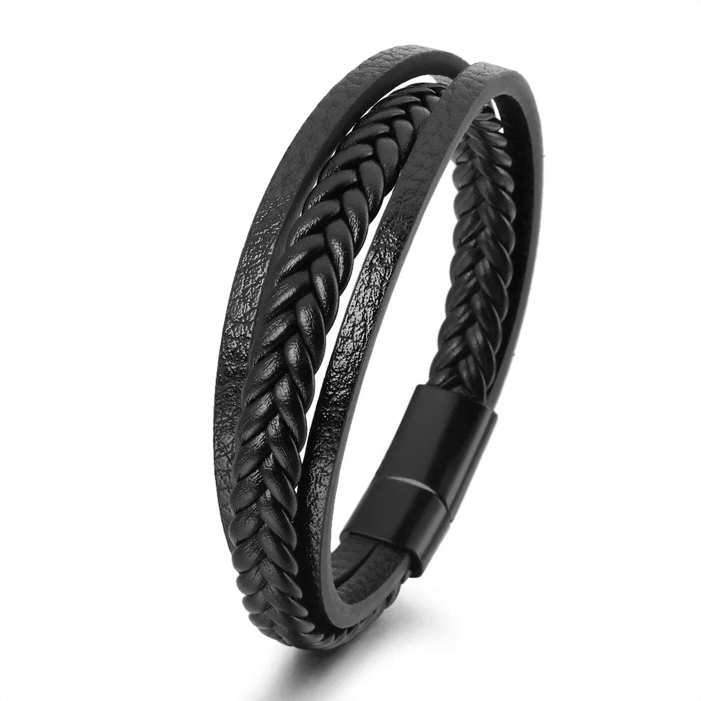 Men's Multilayer Leather & Braided Rope Bracelet – Vintage Aluminium Alloy Bangle | 21cm
