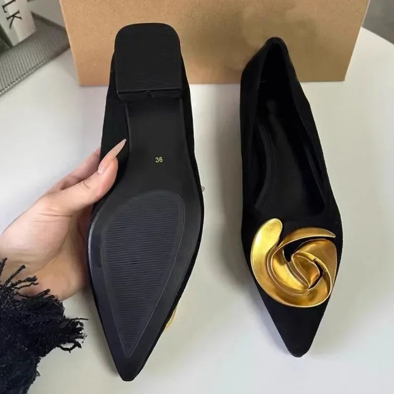 Women's Metal Flower Flock Pointed Toe Flats