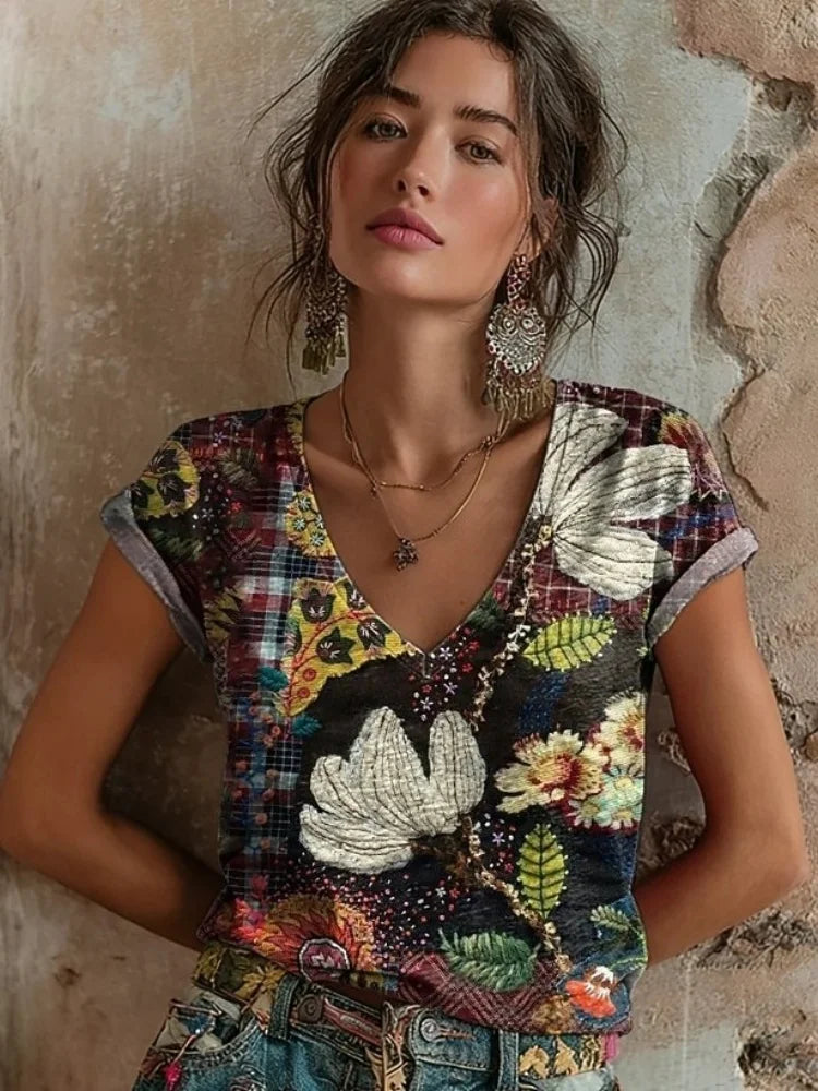 Women's Tops Women's Floral T-Shirt Summer Short Sleeve Casual Loose Vintage Streetwear Fashion Clothes for Woman