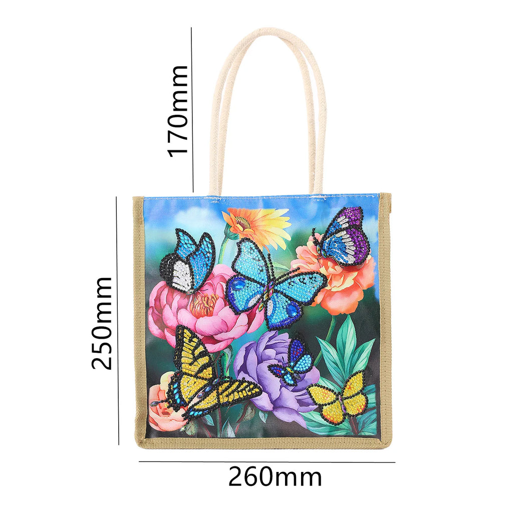 Flower Butterfly Diamond Art Painting Tote Bag,5D DIY Rhinestone Cross Stitch Shopping Bag Shoulder Bag Canvas Grocery Bag