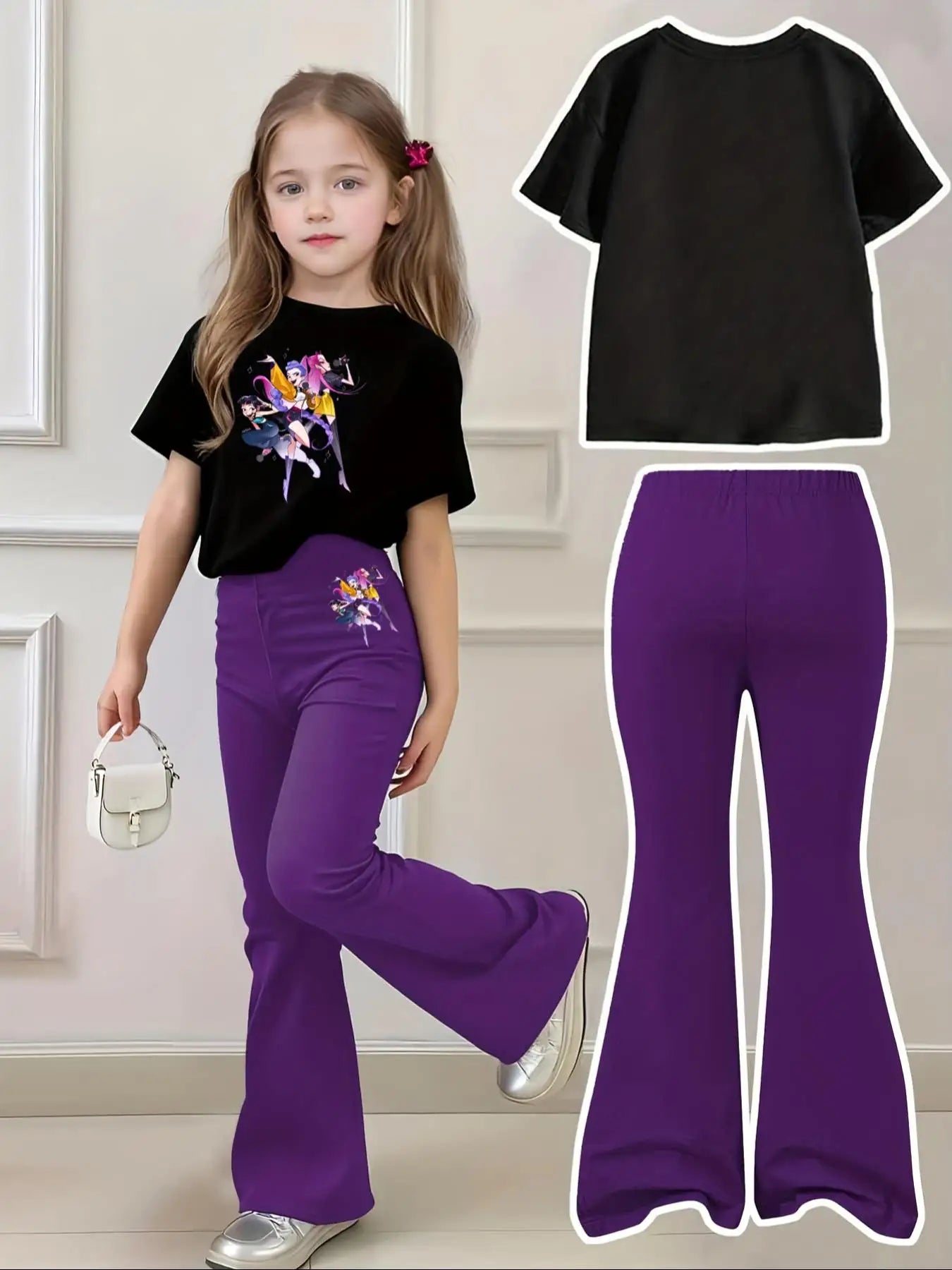 Children's Clothing Girls' Set 2026 New Style Flared Pants + Short-Sleeve Two-Piece Set for Three Girls, Cartoon Print Clothes, Quirky and Versatile, Suitable for Children Aged 4-12