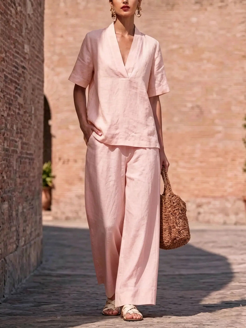 Summer Casual V-neck Short-sleeved Women Trousers 2-piece Set Fashion Casual Loose Wide-leg Trousers Female Lazy Daily Suit 2026