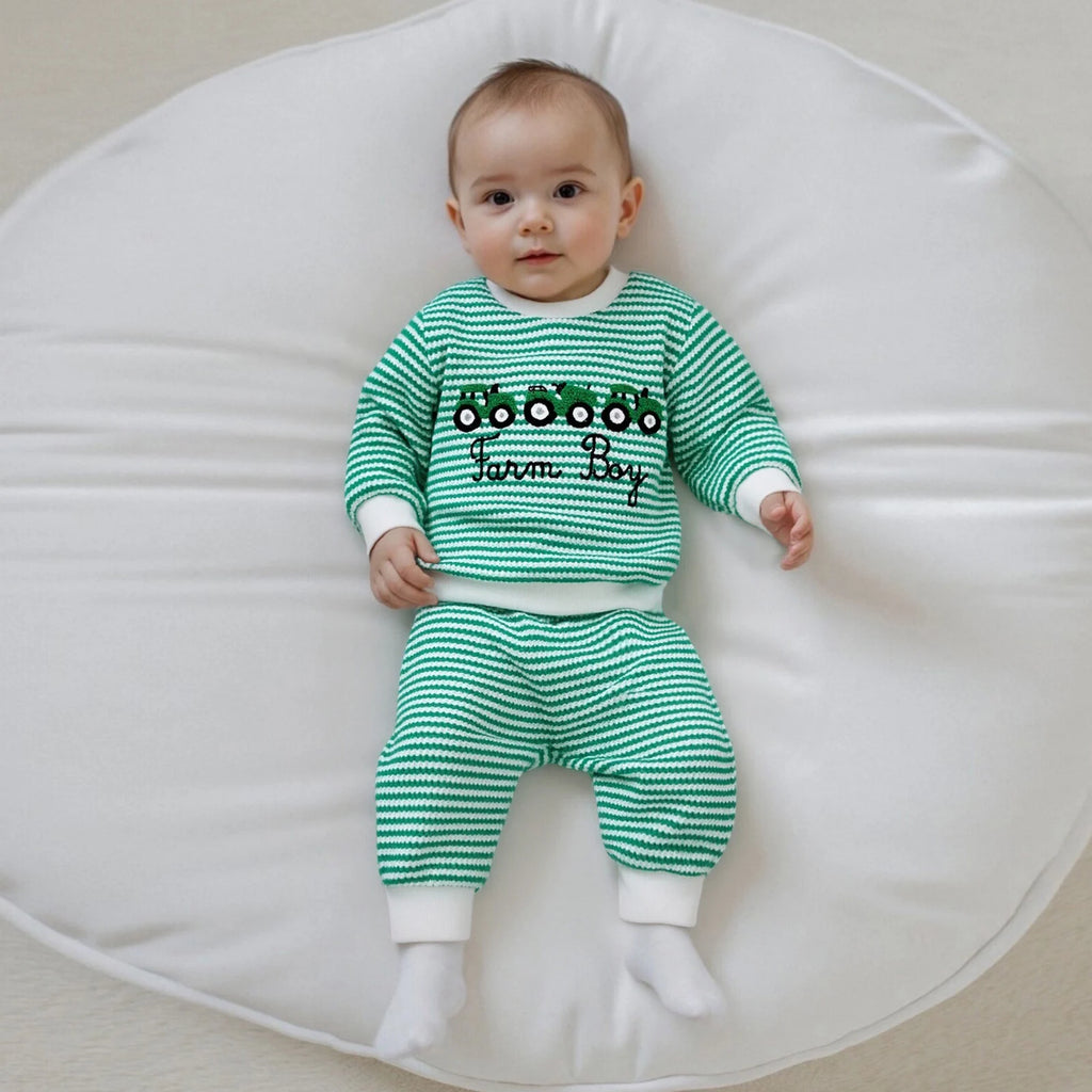 Baby Boy Truck Embroidery Striped Sweatshirt & Joggers Set