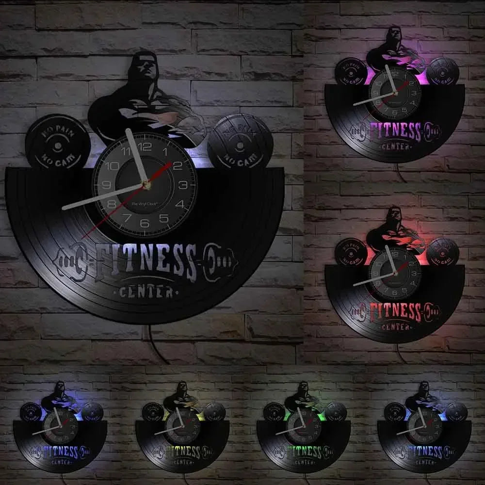 Fitness Theme Vinyl Record Wall Clock – LED Backlight Home Décor | 30cm