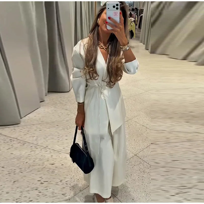 Elegant Stain Loose Jacket Pants Suit Women Solid Lace Up Full Sleeve V-neck Jackets Wide Leg Trousers Fashion Street Sets Lady
