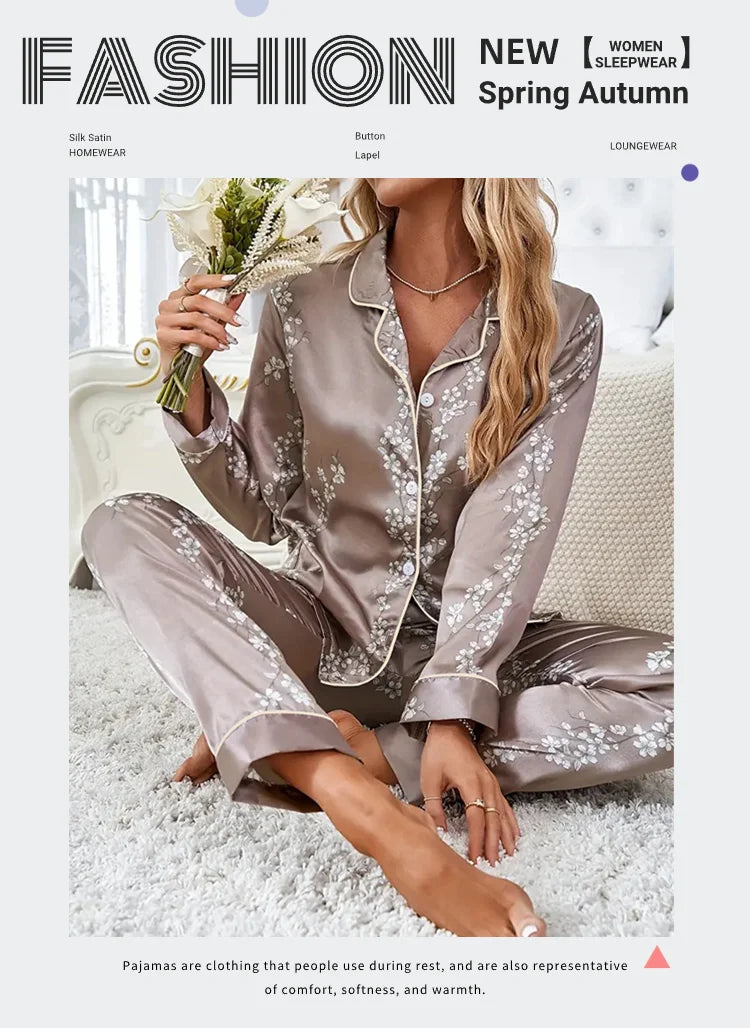 2026 Women Satin Pajama Casual Sleepwear Home Suit Spring Long Sleeve Button Up Top & Pants Nightwear Loungewear Pyjama Femme