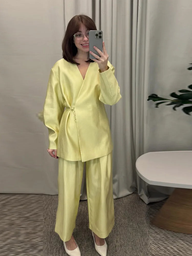 Elegant Stain Loose Jacket Pants Suit Women Solid Lace Up Full Sleeve V-neck Jackets Wide Leg Trousers Fashion Street Sets Lady