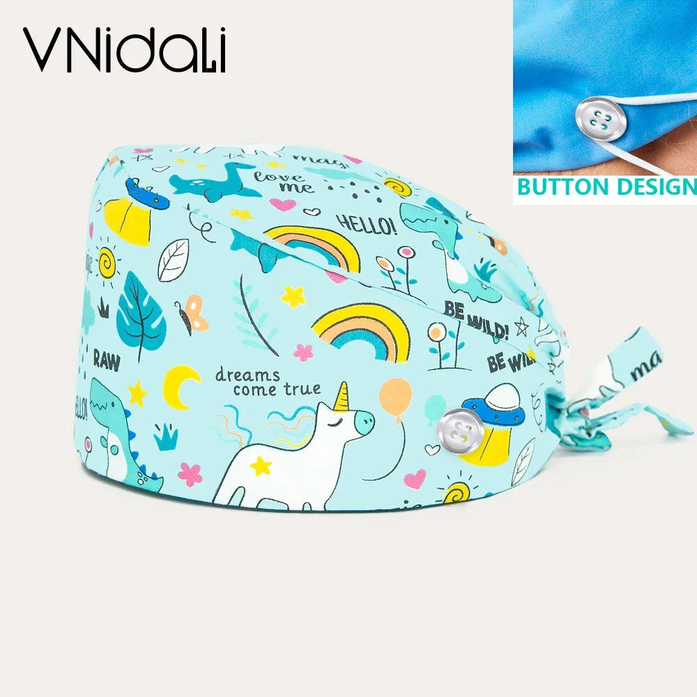 Floral Cotton Scrub Cap with Button – Adjustable Surgical Hat for Nurses, Doctors & Pet Groomers | 17 Colors