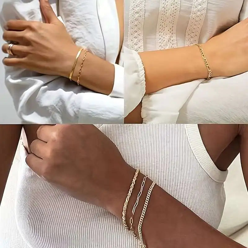 Gold Bracelet Set – 5-piece set, featuring a Cuban chain, bow-tie chain, and simple bracelets. Perfect for everyday wear and gifts, punk-style jewelry collection. Ideal for autumn and winter accessories. Perfect for parties