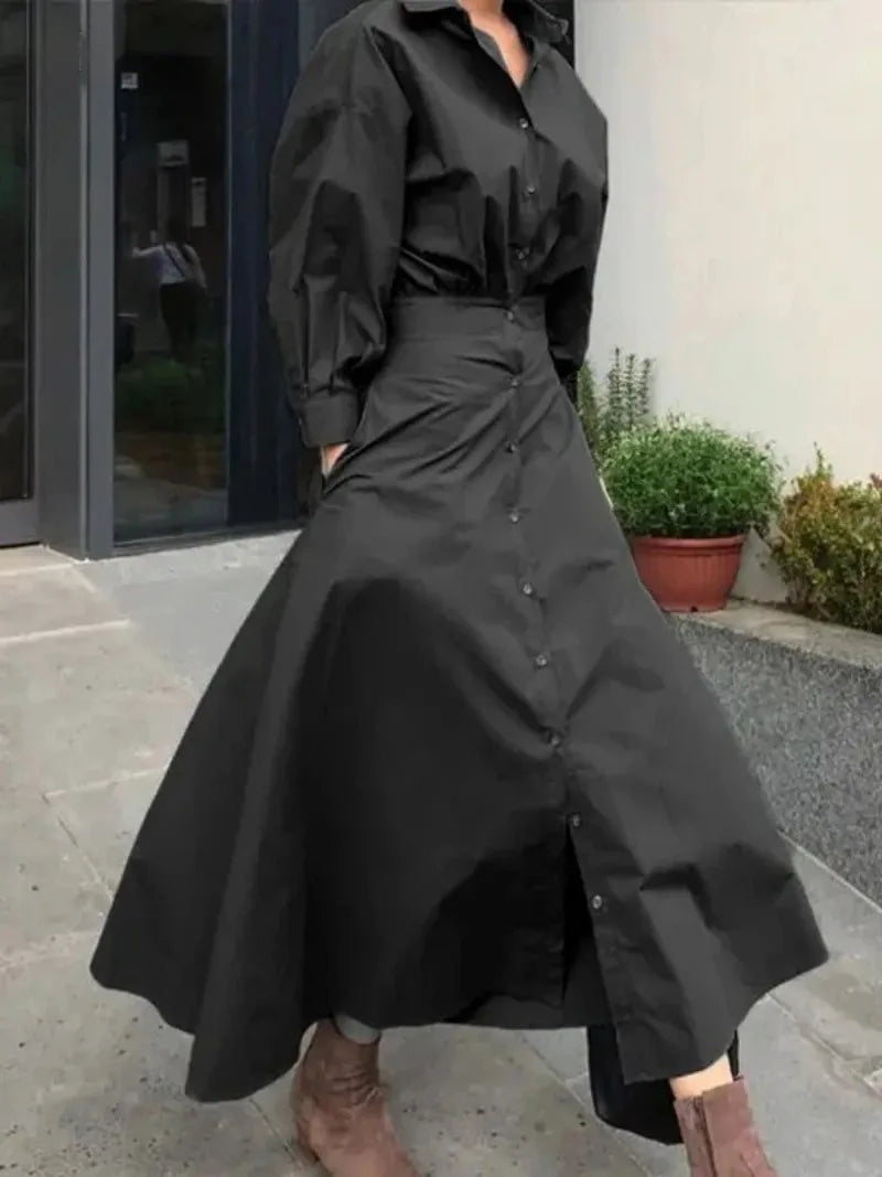 Women's Summer Long Dresses 2026 Spring Fall New Clothes Blue Puff Sleeves Botton Simple Casual Maxi Shirts Dresses for Women