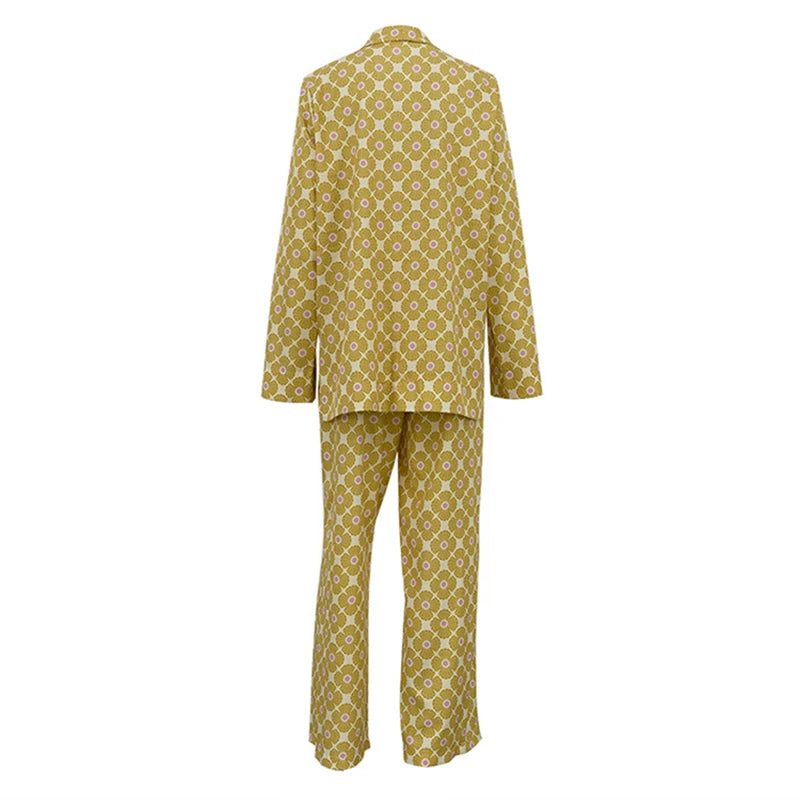 Loose Geometric Print Shirt Pant Sets for Women Ribbon Lapel Full Sleeve Pocket Shirts Wide Leg Trouser Summer Casual Suits