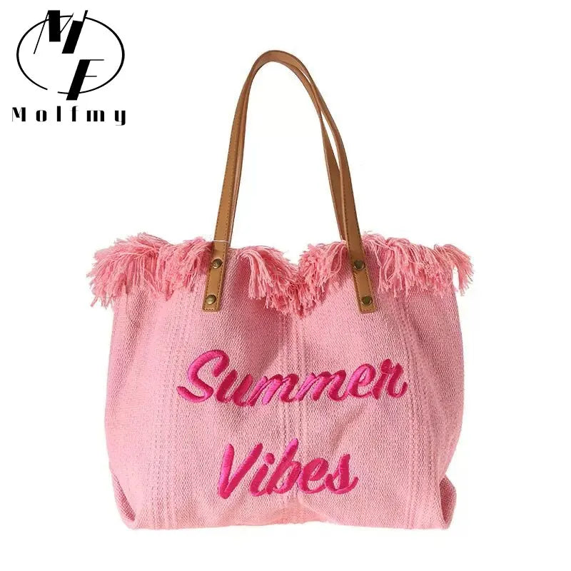 Women's Canvas Embroidered Letter Tote Bag