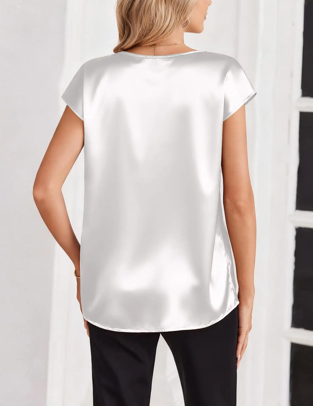 Women's Satin V-Neck Short Sleeve Blouse