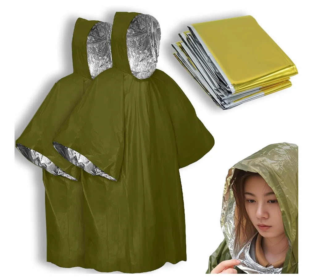 4X Survival Gear kit, Emergency Poncho (2pc), Emergency Space Blanket (2pc), Mylar Liner - Retains 92% Body Heat