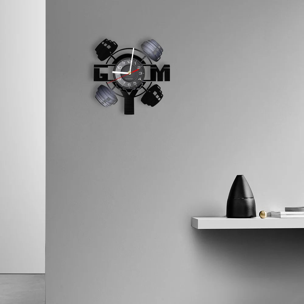 Fitness Equipment Theme Vinyl Record Fitness Wall Clock Home Decoration LED Backlight Modern Fitness Watch
