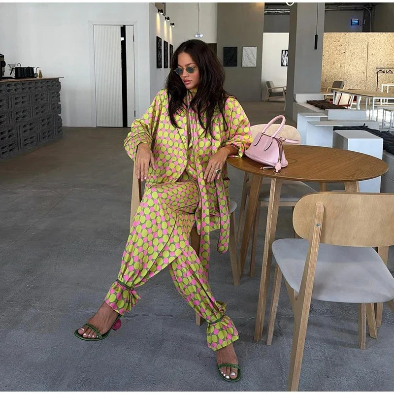 Loose Geometric Print Shirt Pant Sets for Women Ribbon Lapel Full Sleeve Pocket Shirts Wide Leg Trouser Summer Casual Suits