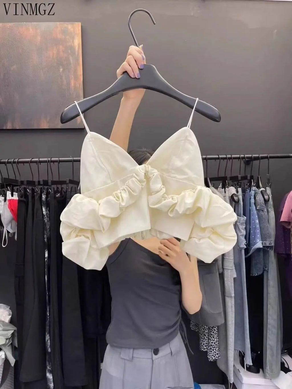 Women's clothing 2025 spring and summer new V-neck off-the-shoulder bubble sleeve pleated short suspender vest women
