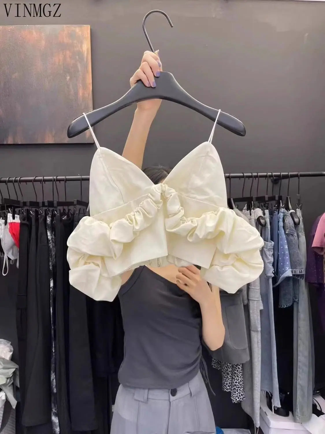 Women's clothing 2025 spring and summer new V-neck off-the-shoulder bubble sleeve pleated short suspender vest women
