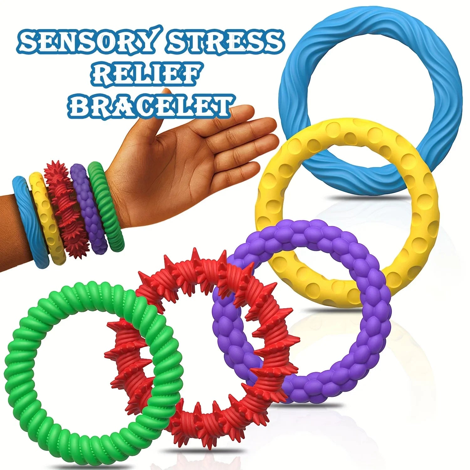12/6/5PCS Fidegts Toys Silicone Sensory Rings Bracelet Stone Fun Fidgets for Kids Texture Stress Toys for Kids Autism Calming
