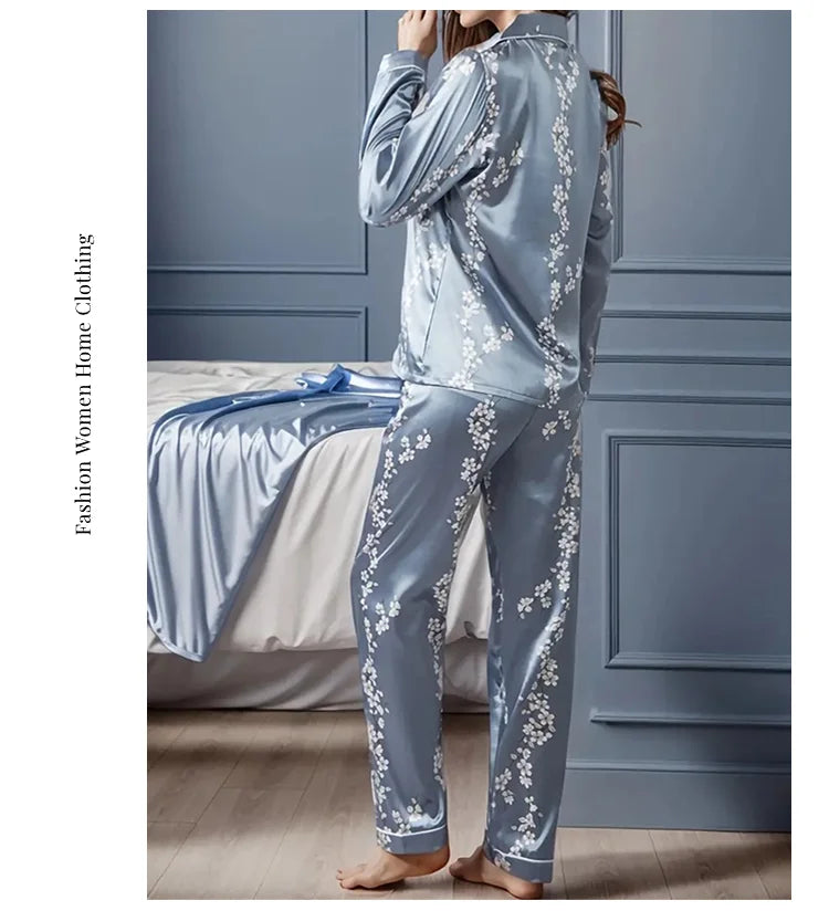2026 Women Satin Pajama Casual Sleepwear Home Suit Spring Long Sleeve Button Up Top & Pants Nightwear Loungewear Pyjama Femme