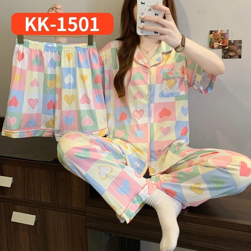 Women's Printed Pajamas Homewear Short Sleeves Trousers Shorts Three-piece Set Spring and Autumn New Women's Clothing