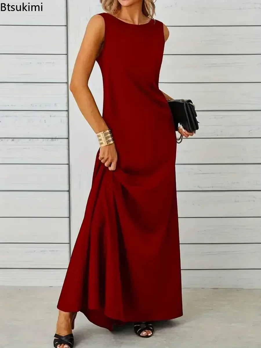 2026 Women's Summer Elegant Long Dress Fashion Solid Sleeveless O-neck Temperament Slim Maxi Dress Ladies A-line Casual Dress