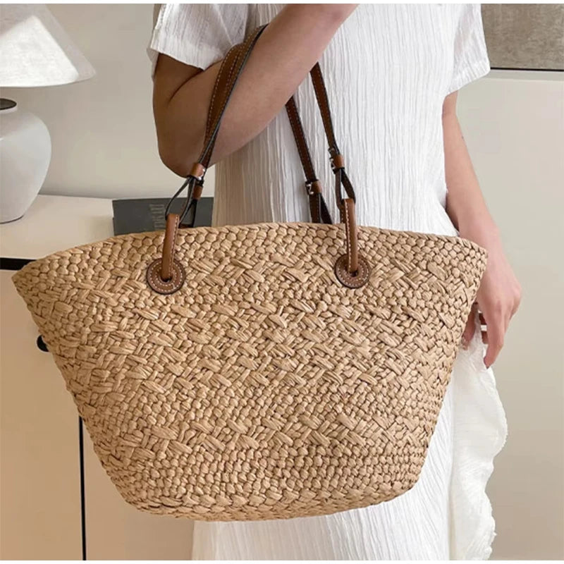 Women's Woven Straw-Style Bucket Tote Bag
