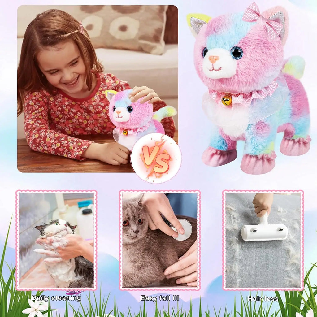 Touch&Voice Controlled Remote Lifelike Walking Cat Toy with Leash,Can Walk, Meow, and Wags Tail, Best Gift for Girls Ages 3+