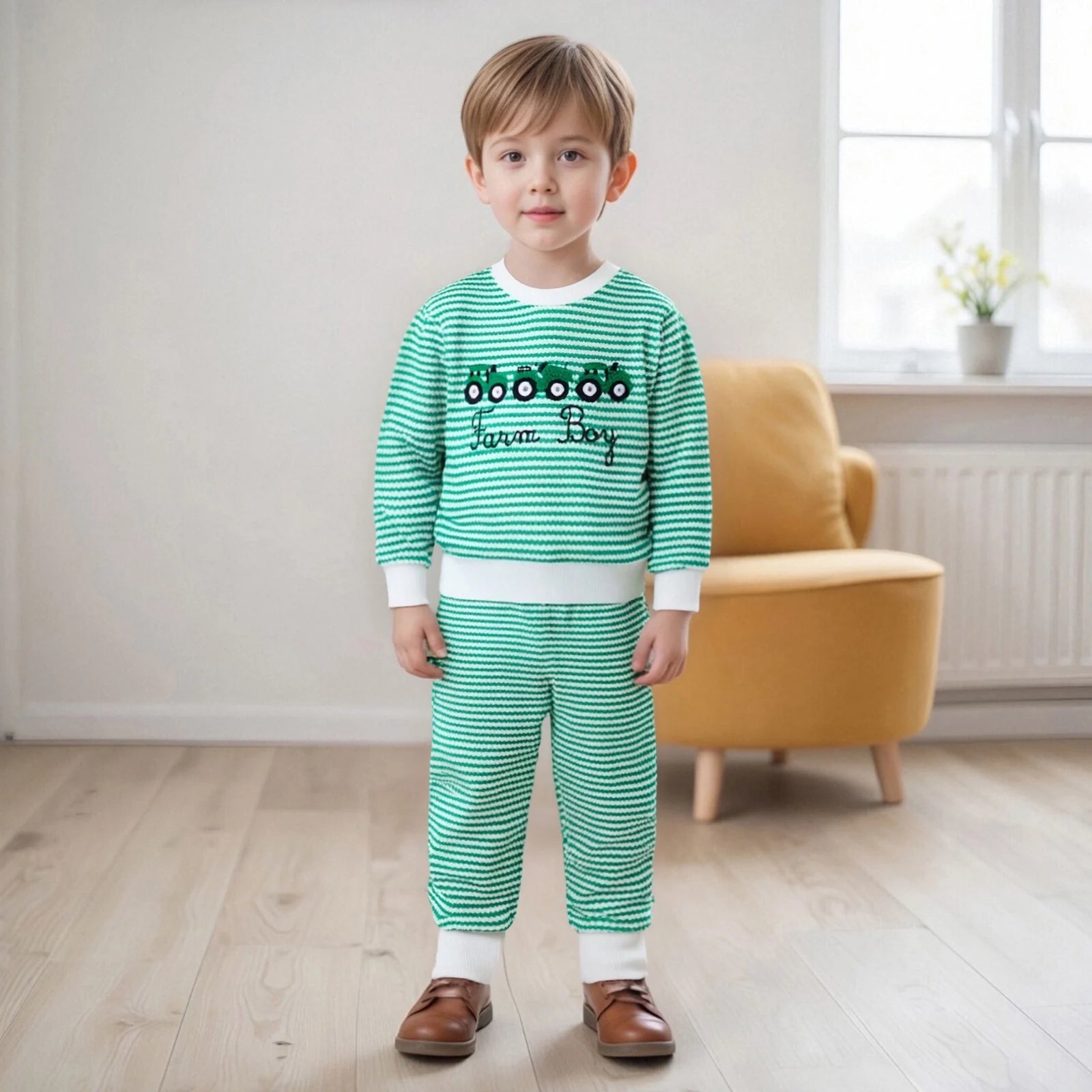 Baby Boy Truck Embroidery Striped Sweatshirt & Joggers Set