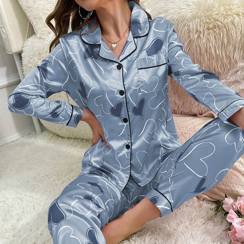 Women’s Satin Print Long Sleeve Button-Up Pajama Set – Full-Length Pants, 11 Colors, Sizes S–1XL