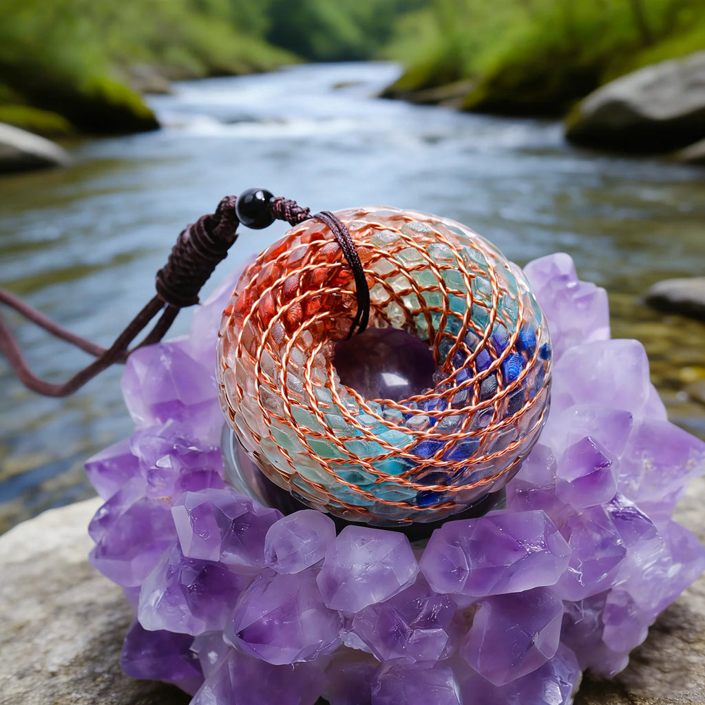 Rodin Coil & Amethyst  Orgone Pendant Necklace, Handmade pendant jewelry ，Adjustable Chain for Women & Men