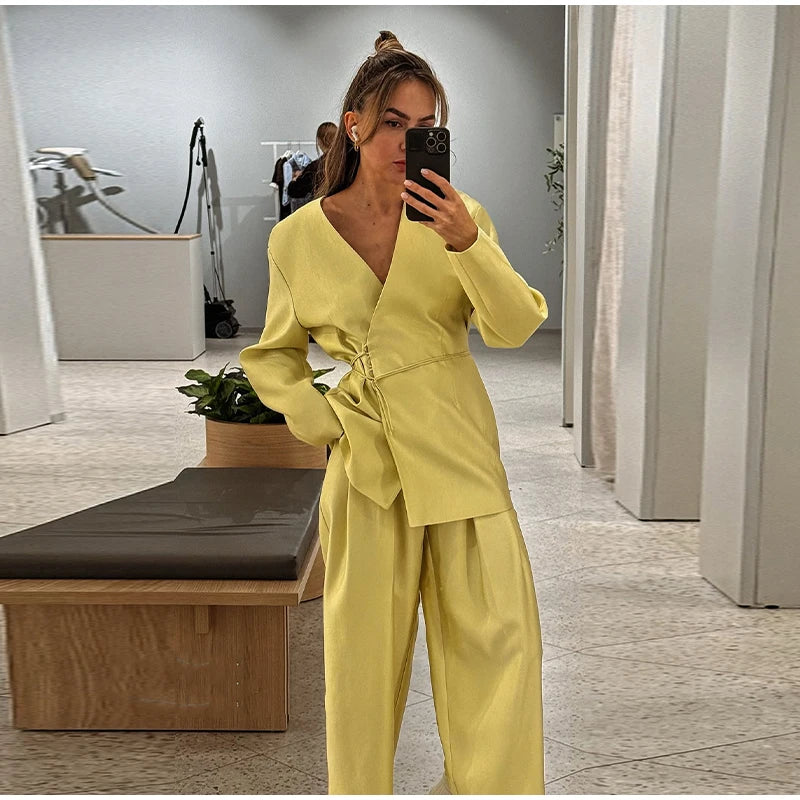 Elegant Stain Loose Jacket Pants Suit Women Solid Lace Up Full Sleeve V-neck Jackets Wide Leg Trousers Fashion Street Sets Lady