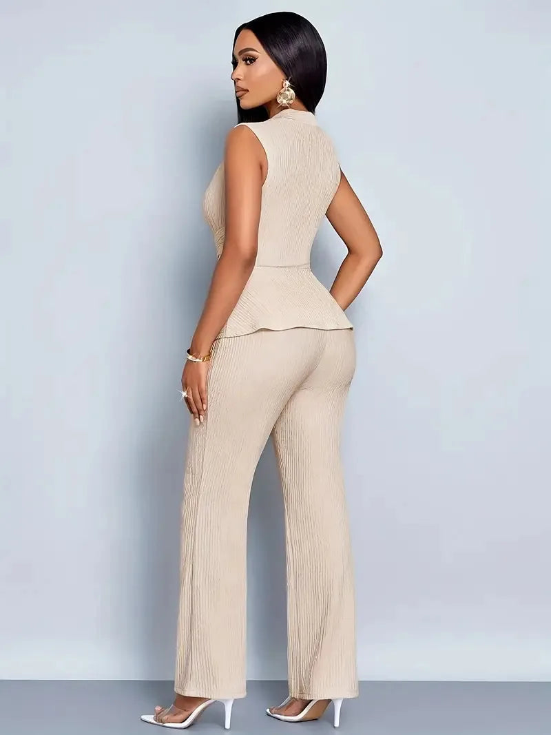 New Spring Summer Women's Trousers Two-piece Elegant Slim V-neck Sleeveless Irregular T-shirt Wide-leg Pants Office 2-piece Set