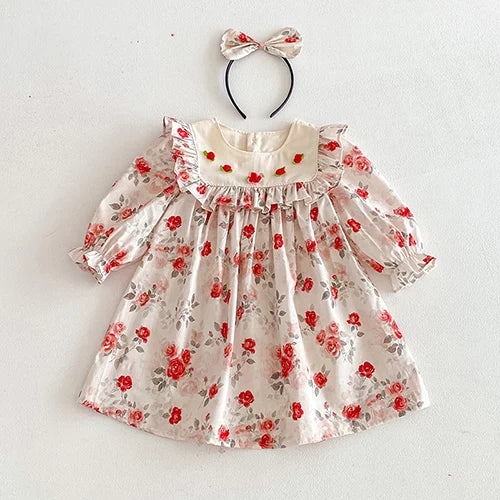 New Spring Sister Dress Kids Princess Dresses Long Sleeved Cotton Print 2-7Yrs Girl Party Dress Baby Girl Romper