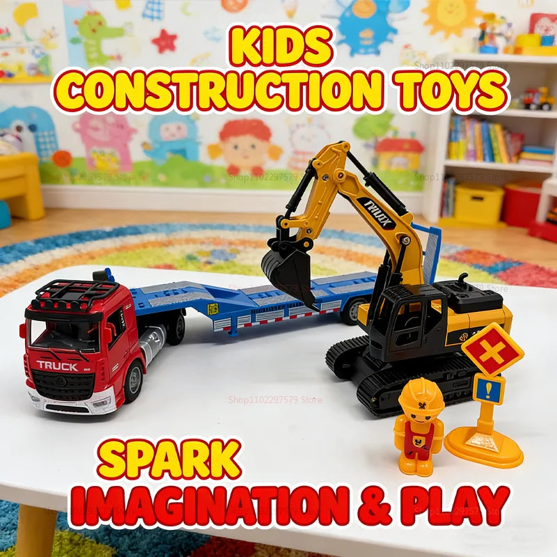 Large Flatbed Semi Truck Toy for Kids With Excavator 2-in-1 Alloy Engineer Vehicle 2.4G RC Car Toy for 2-5 Year Old Boy and Girl