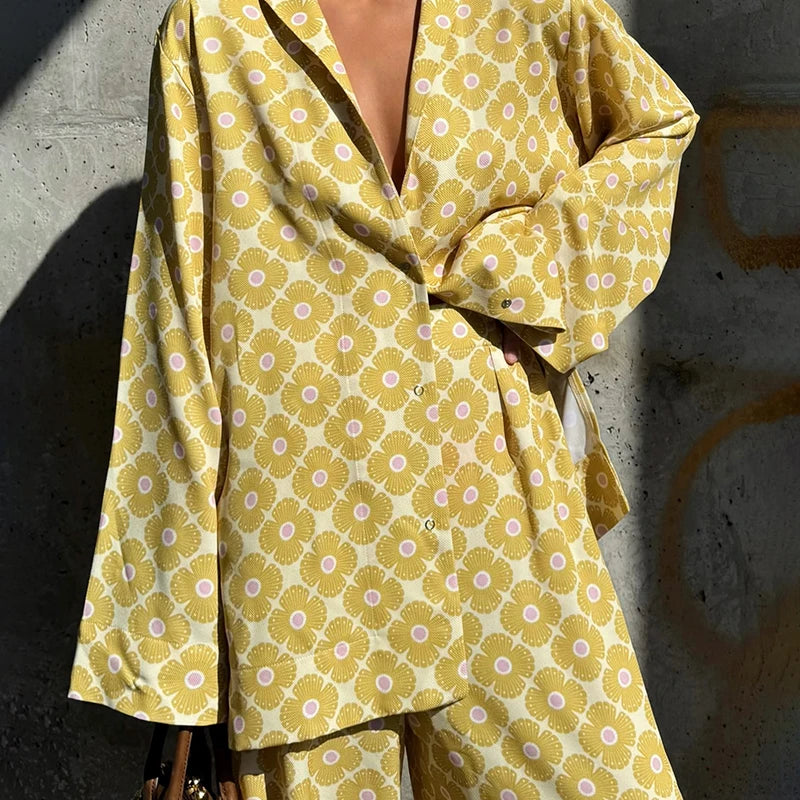 Loose Geometric Print Shirt Pant Sets for Women Ribbon Lapel Full Sleeve Pocket Shirts Wide Leg Trouser Summer Casual Suits