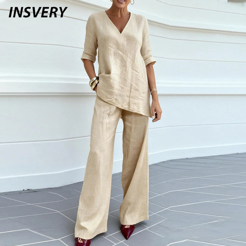 Summer Casual Solid V Neck Short Sleeve T-Shirts Loose Pocket Wide Leg Pants Suit Women Comfortable Beach Holiday Two Piece Set