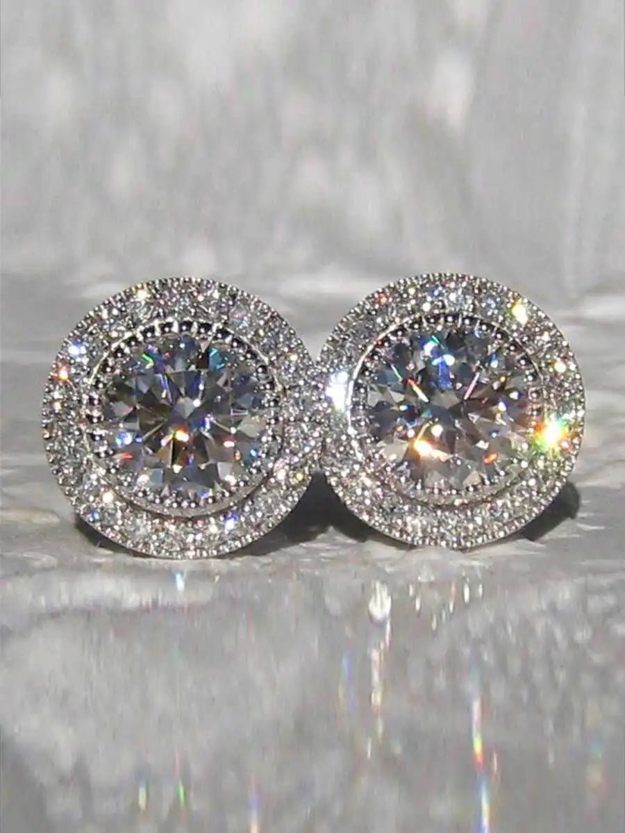 Bridal Sparkling Round Stone Earrings – Full Drill Silver Flower Design